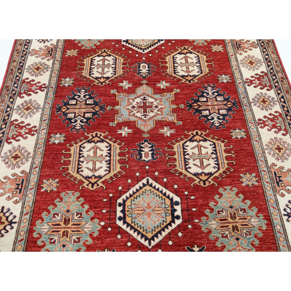 Hand Knotted Red, Ivory, Navy Blue Wool Area Rug | Turkish Geometric Design Rug Hand Knotted Red, Ivory, Navy Blue Wool Area Rug | Turkish Geometric Design Rug
