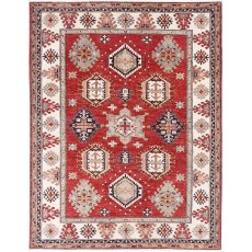 Hand Knotted Red, Ivory, Navy Blue Wool Area Rug | Turkish Geometric Design Rug