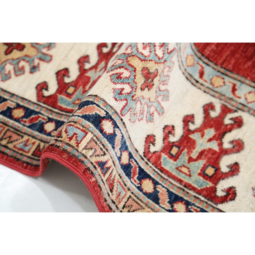 Hand Knotted Red, Ivory, Navy Blue Wool Area Rug | Turkish Geometric Design Rug Hand Knotted Red, Ivory, Navy Blue Wool Area Rug | Turkish Geometric Design Rug