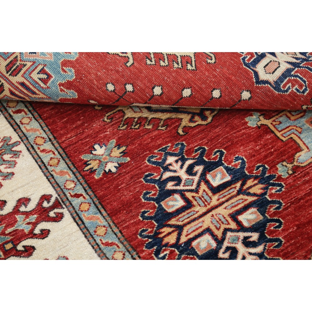 Hand Knotted Red, Ivory, Navy Blue Wool Area Rug | Turkish Geometric Design Rug Hand Knotted Red, Ivory, Navy Blue Wool Area Rug | Turkish Geometric Design Rug