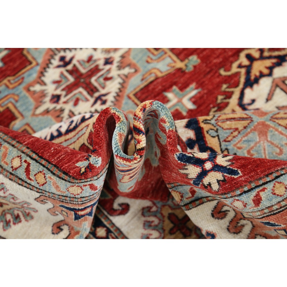 Hand Knotted Red, Ivory, Navy Blue Wool Area Rug | Turkish Geometric Design Rug Hand Knotted Red, Ivory, Navy Blue Wool Area Rug | Turkish Geometric Design Rug