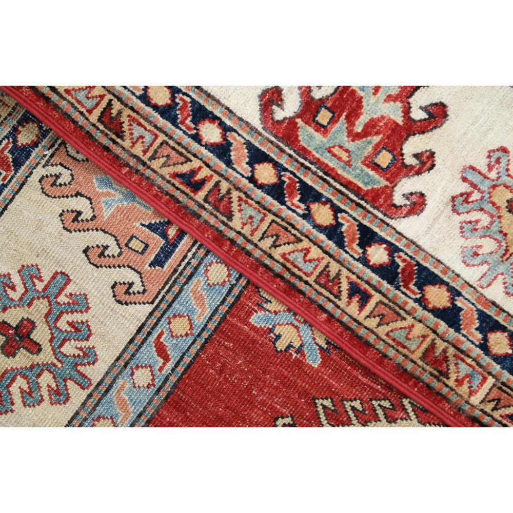 Hand Knotted Red, Ivory, Navy Blue Wool Area Rug | Turkish Geometric Design Rug Hand Knotted Red, Ivory, Navy Blue Wool Area Rug | Turkish Geometric Design Rug
