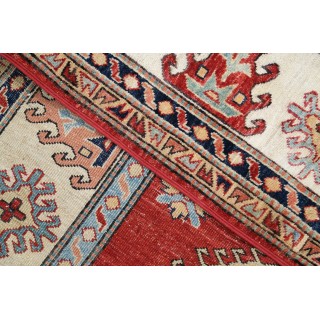 Hand Knotted Red, Ivory, Navy Blue Wool Area Rug | Turkish Geometric Design Rug