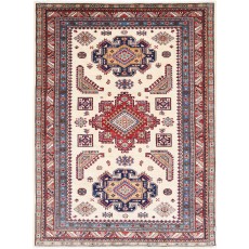 Hand Knotted Red, Ivory, Navy Blue Turkish Wool Area Rug with Geometric Design