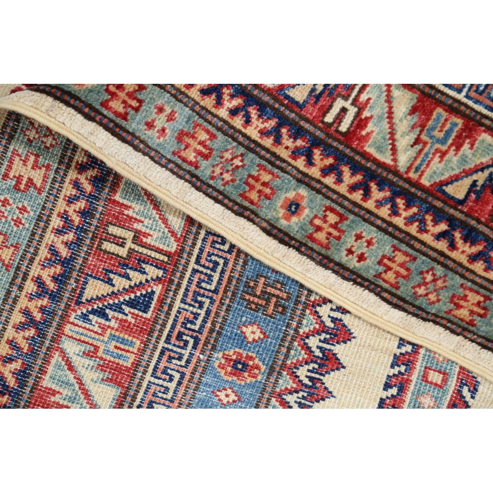 Hand Knotted Red, Ivory, Navy Blue Turkish Wool Area Rug with Geometric Design Hand Knotted Red, Ivory, Navy Blue Turkish Wool Area Rug with Geometric Design
