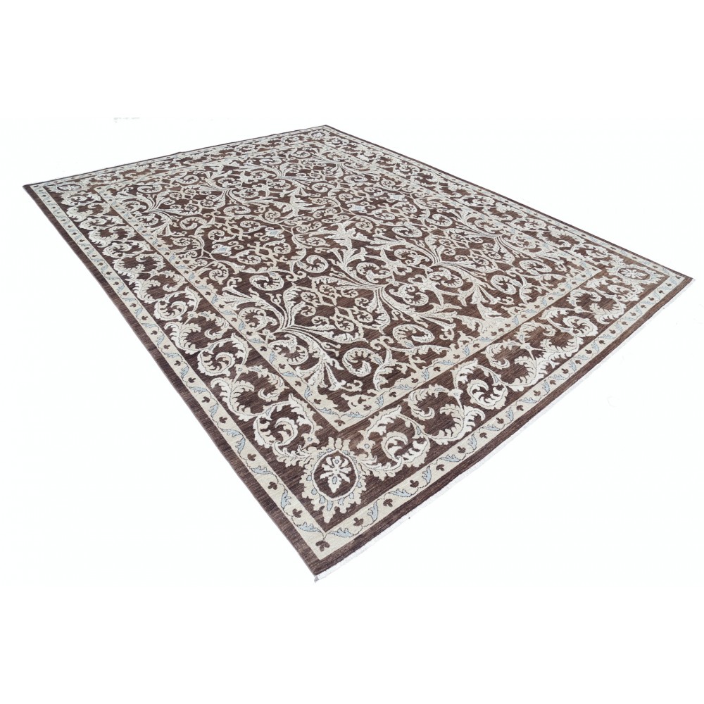 Hand Knotted Brown and Ivory Wool Area Rug | Turkish Floral Scroll Design Carpet Hand Knotted Brown and Ivory Wool Area Rug | Turkish Floral Scroll Design Carpet