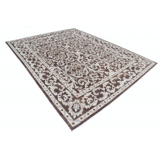 Hand Knotted Brown and Ivory Wool Area Rug | Turkish Floral Scroll Design Carpet