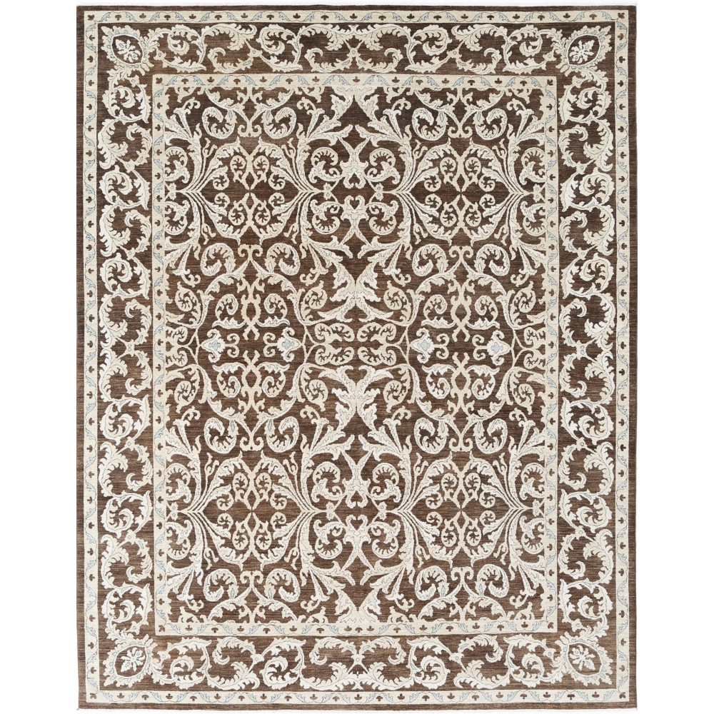 Hand Knotted Brown and Ivory Wool Area Rug | Turkish Floral Scroll Design Carpet Hand Knotted Brown and Ivory Wool Area Rug | Turkish Floral Scroll Design Carpet