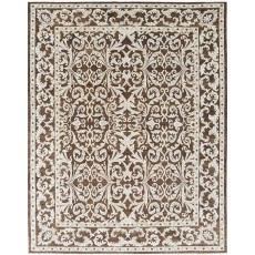 Hand Knotted Brown and Ivory Wool Area Rug | Turkish Floral Scroll Design Carpet