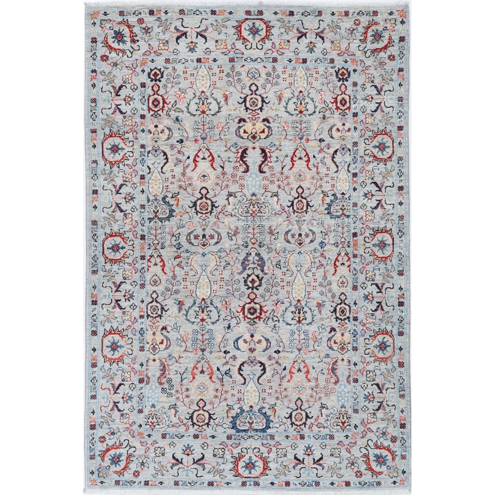 Multicolor Hand Knotted Accent Rug with Floral Design | Ivory, Light Blue and Red Colors Multicolor Hand Knotted Accent Rug with Floral Design | Ivory, Light Blue and Red Colors