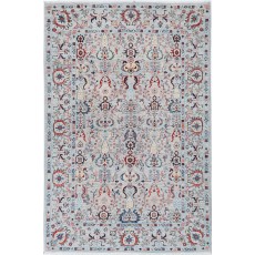 Multicolor Hand Knotted Accent Rug with Floral Design | Ivory, Light Blue and Red Colors