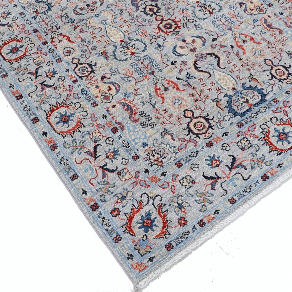 Multicolor Hand Knotted Accent Rug with Floral Design | Ivory, Light Blue and Red Colors Multicolor Hand Knotted Accent Rug with Floral Design | Ivory, Light Blue and Red Colors