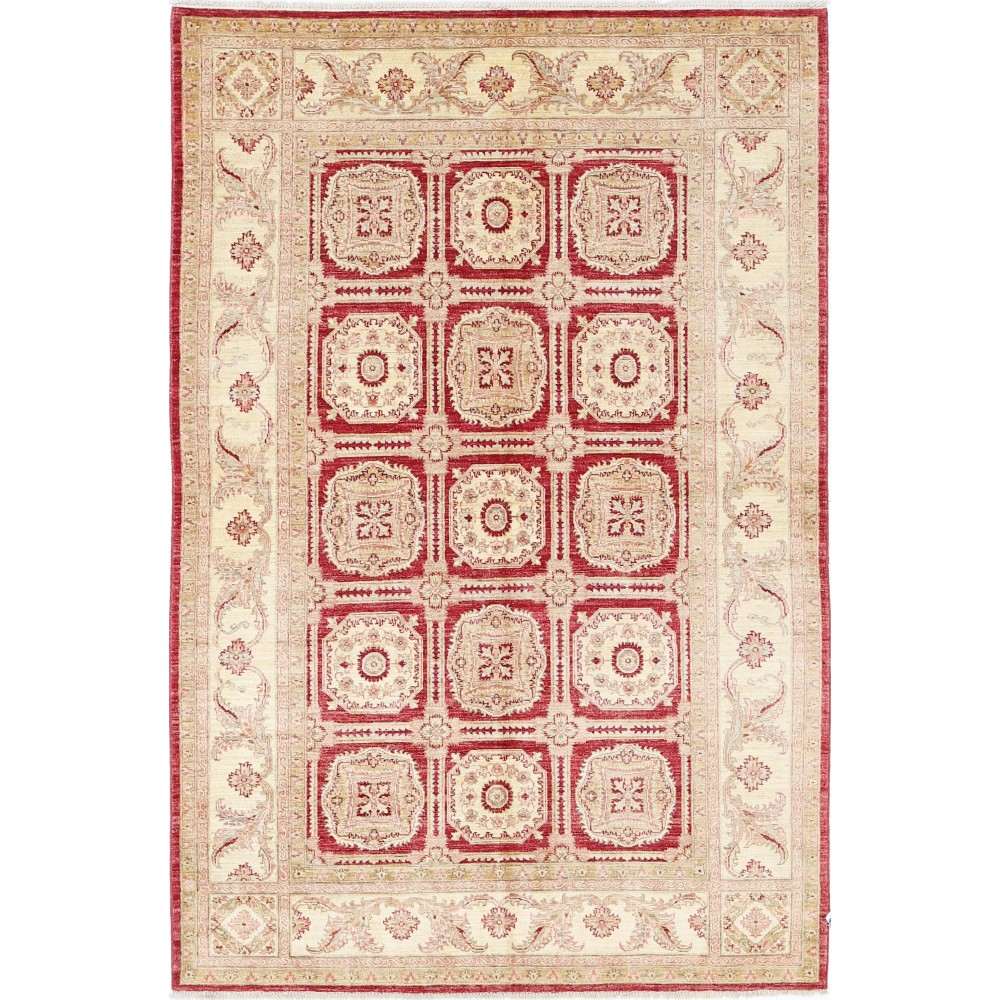 Hand Knotted Red, Beige Wool Rug | Geometric Floral Pattern Carpet