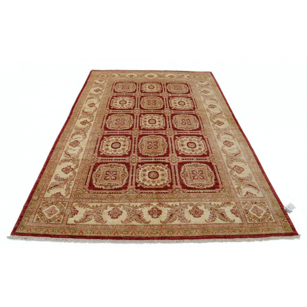 Hand Knotted Red, Beige Wool Rug | Geometric Floral Pattern Carpet