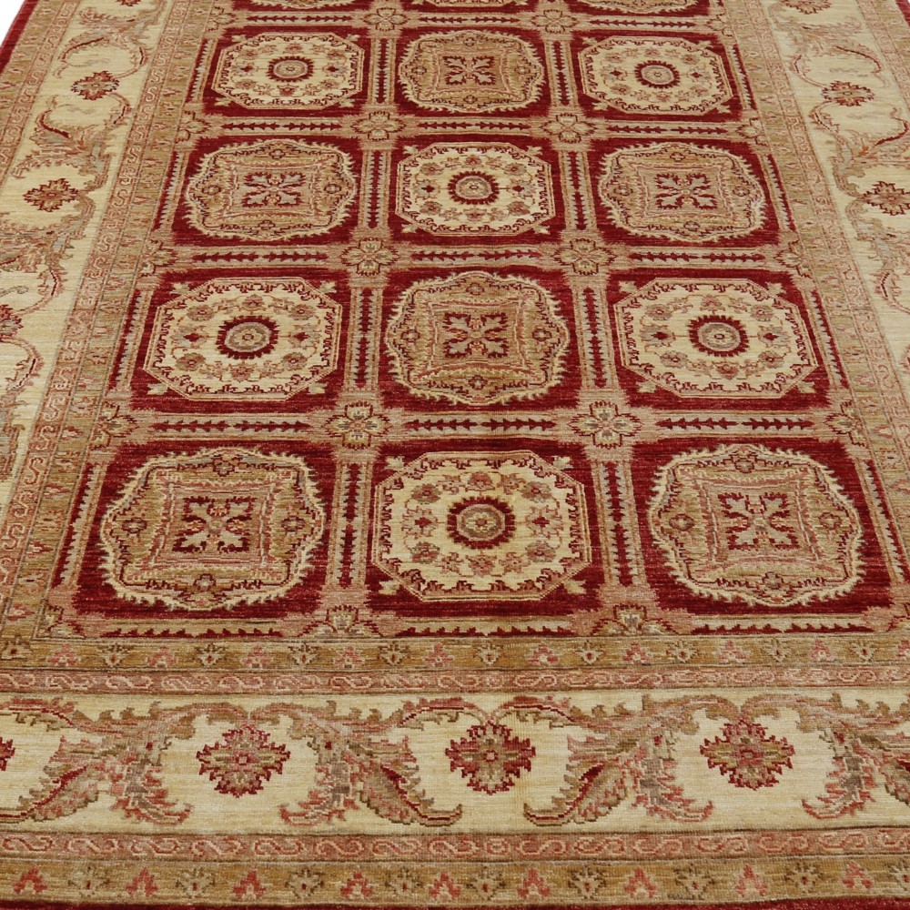 Hand Knotted Red, Beige Wool Rug | Geometric Floral Pattern Carpet