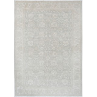 Hand Knotted Neutral Oushak Style Area Rug, Beige Wool Carpet with Soft Gray Floral Design