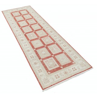 Hand Knotted Red, Ivory Wool Runner Rug | Turkish Geometric Design Corridor Rug for Hallway, Kitchen