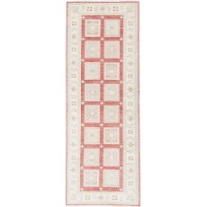 Hand Knotted Red, Ivory Wool Runner Rug | Turkish Geometric Design Corridor Rug for Hallway, Kitchen