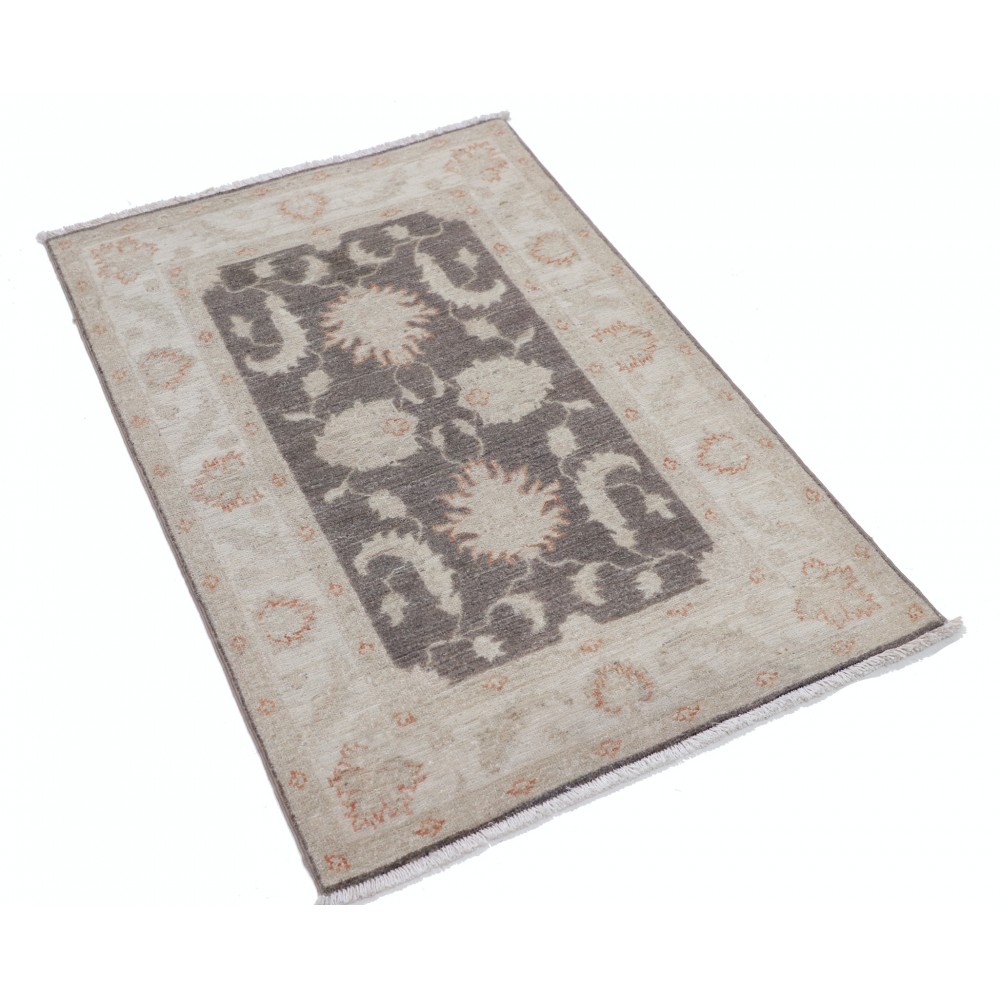 Hand Knotted Floral Turkish Area Rug with Gray Field and Beige Border | 100% Wool Hand Knotted Floral Turkish Area Rug with Gray Field and Beige Border | 100% Wool