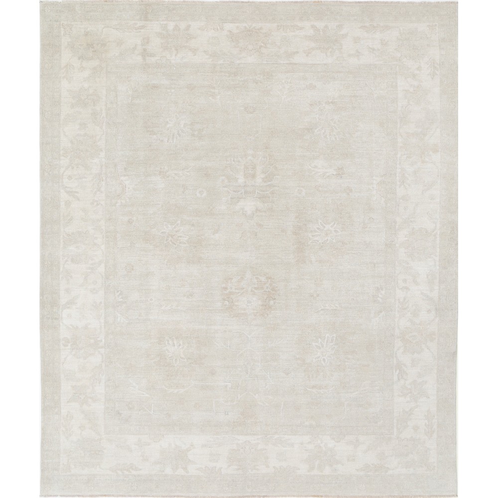 Hand Knotted Beige Wool Oushak Area Rug with All-Over Floral Design Hand Knotted Beige Wool Oushak Area Rug with All-Over Floral Design
