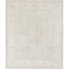 Hand Knotted Beige Wool Oushak Area Rug with All-Over Floral Design