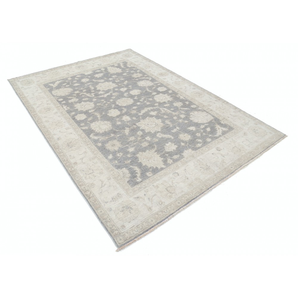 Hand Knotted Floral Turkish Area Rug with Gray Field and Beige Border | 100% Wool Hand Knotted Floral Turkish Area Rug with Gray Field and Beige Border | 100% Wool