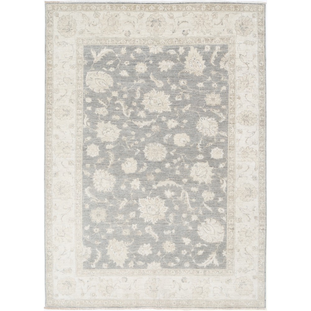 Hand Knotted Floral Turkish Area Rug with Gray Field and Beige Border | 100% Wool Hand Knotted Floral Turkish Area Rug with Gray Field and Beige Border | 100% Wool