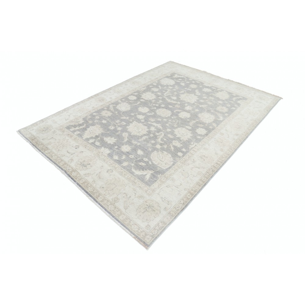 Hand Knotted Floral Turkish Area Rug with Gray Field and Beige Border | 100% Wool Hand Knotted Floral Turkish Area Rug with Gray Field and Beige Border | 100% Wool