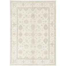 Hand Knotted Beige Wool Oushak Area Rug with All-Over Floral Design