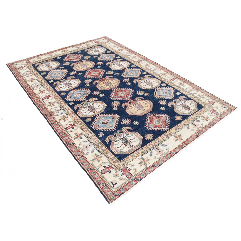 Hand Knotted Navy Blue, Red, Ivory Wool Area Rug | Turkish Geometric Design Rug Hand Knotted Navy Blue, Red, Ivory Wool Area Rug | Turkish Geometric Design Rug