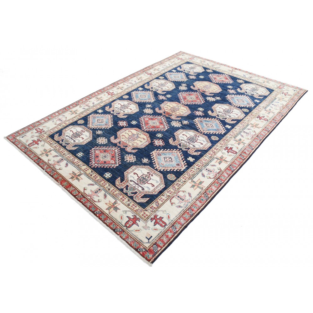 Hand Knotted Navy Blue, Red, Ivory Wool Area Rug | Turkish Geometric Design Rug Hand Knotted Navy Blue, Red, Ivory Wool Area Rug | Turkish Geometric Design Rug