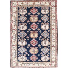 Hand Knotted Navy Blue, Red, Ivory Wool Area Rug | Turkish Geometric Design Rug