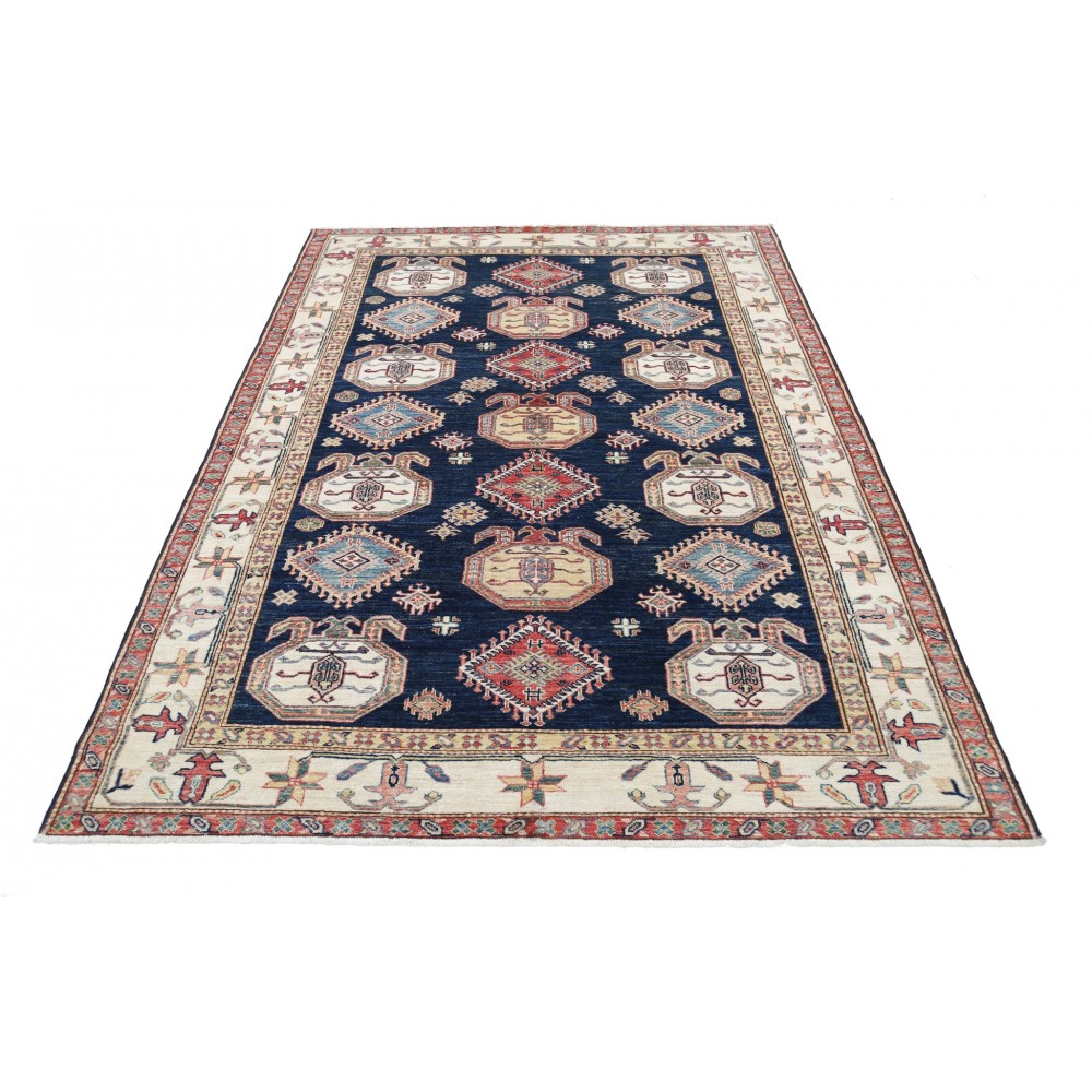 Hand Knotted Navy Blue, Red, Ivory Wool Area Rug | Turkish Geometric Design Rug Hand Knotted Navy Blue, Red, Ivory Wool Area Rug | Turkish Geometric Design Rug