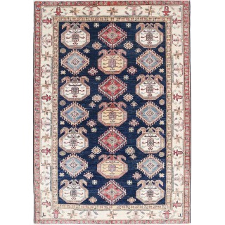 Hand Knotted Navy Blue, Red, Ivory Wool Area Rug | Turkish Geometric Design Rug