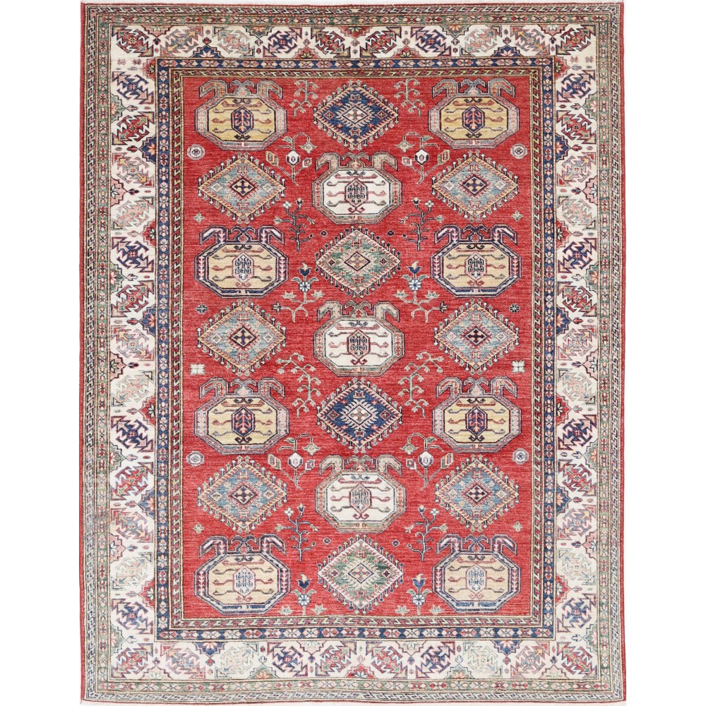 Hand Knotted Red, Ivory, Navy Blue Wool Area Rug | Turkish Geometric Design Carpet Hand Knotted Red, Ivory, Navy Blue Wool Area Rug | Turkish Geometric Design Carpet