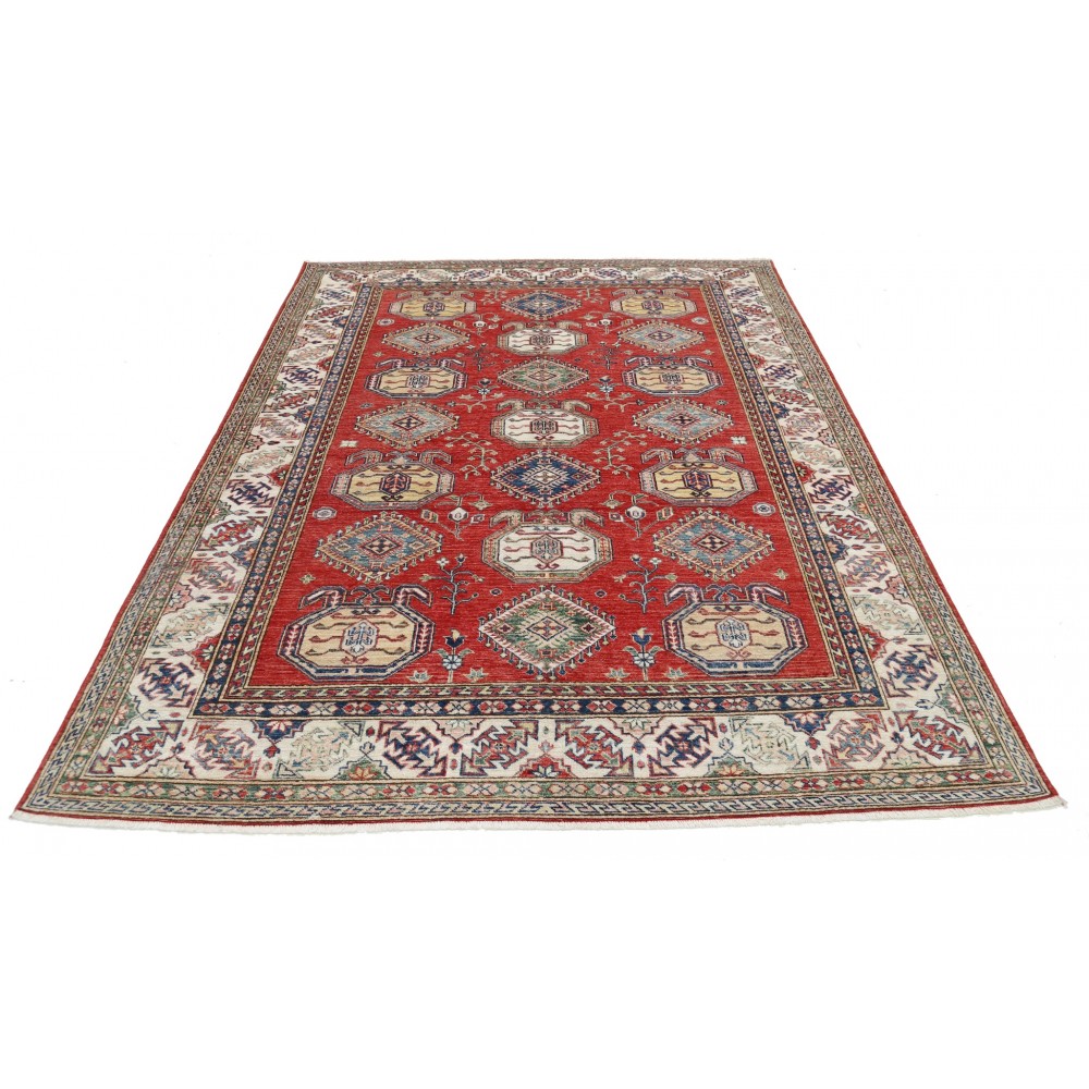 Hand Knotted Red, Ivory, Navy Blue Wool Area Rug | Turkish Geometric Design Carpet Hand Knotted Red, Ivory, Navy Blue Wool Area Rug | Turkish Geometric Design Carpet