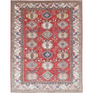 Hand Knotted Red, Ivory, Navy Blue Wool Area Rug | Turkish Geometric Design Carpet