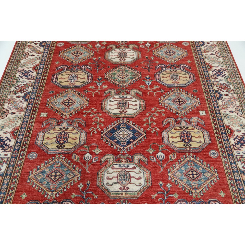 Hand Knotted Red, Ivory, Navy Blue Wool Area Rug | Turkish Geometric Design Carpet Hand Knotted Red, Ivory, Navy Blue Wool Area Rug | Turkish Geometric Design Carpet
