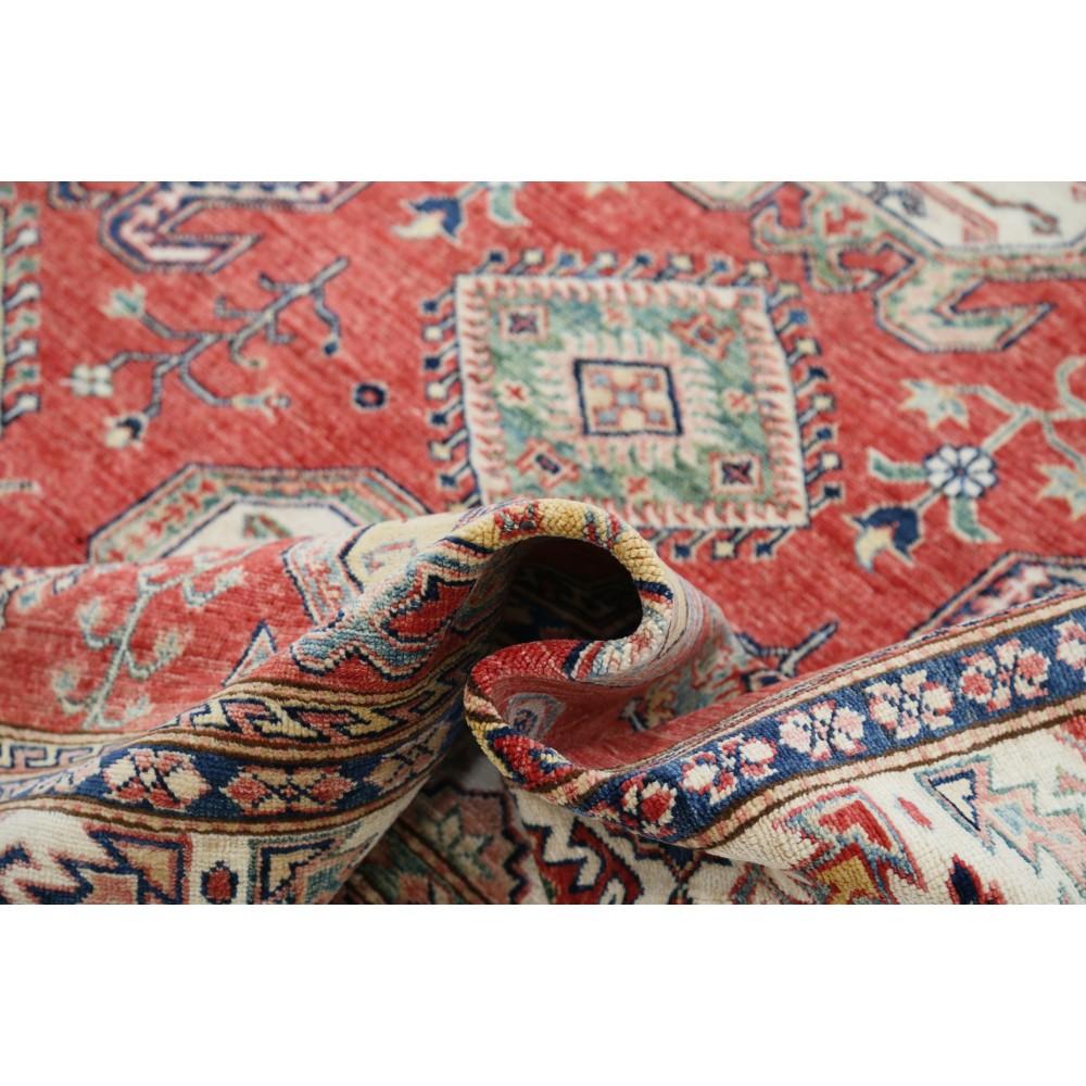 Hand Knotted Red, Ivory, Navy Blue Wool Area Rug | Turkish Geometric Design Carpet Hand Knotted Red, Ivory, Navy Blue Wool Area Rug | Turkish Geometric Design Carpet