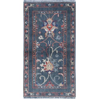 Blue Oushak Style Wool Accent Rug. Traditional Small Rug for Living Room & Entryway