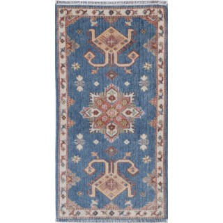 Traditional Blue Geometric Turkish Accent Rug. 100% Wool Rug for Bedroom, Entryway & Living Room