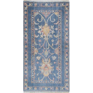 Traditional Turkish Blue Accent Rug. 100% Wool Oushak Style Area Rug for Bedroom, Entryway & Living Room