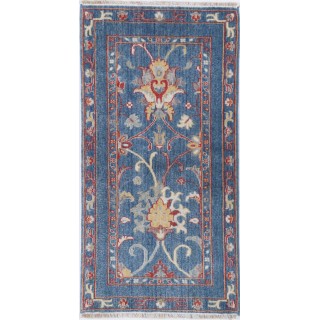 Traditional Blue Turkish Accent Rug. 100% Wool Oushak Style Area Rug for Bedroom, Entryway & Living Room