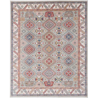 Silver & Ivory Geometric Turkish Area Rug for Living Room. Traditional 100% Wool Carpet with Tribal Patterns