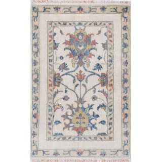 Traditional Ivory Accent Rug. 100% Wool Oushak Style Rug for Bedroom, Entryway & Living Room