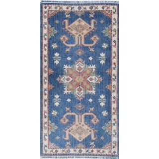 Blue & Ivory Turkish Wool Accent Rug. Geometric Small Area Rug for Living Room, Entryway & Bedroom