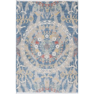 Traditional Blue & Ivory Turkish Wool Accent Rug. Floral Small Area Rug for Bedroom, Entryway & Living Room