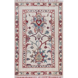 Ivory Oushak Style Turkish Small Area Rug. Wool Accent Rug with Traditional Floral Motif for Entryway & Bedroom