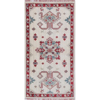 Traditional Ivory & Red Turkish Wool Accent Rug. Geometric Small Area Rug for Entryway, Bedroom & Living Room