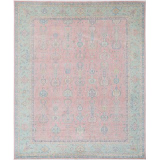 Pink & Teal Oushak Style Turkish Area Rug for Living Room. Traditional Floral 100% Wool Carpet